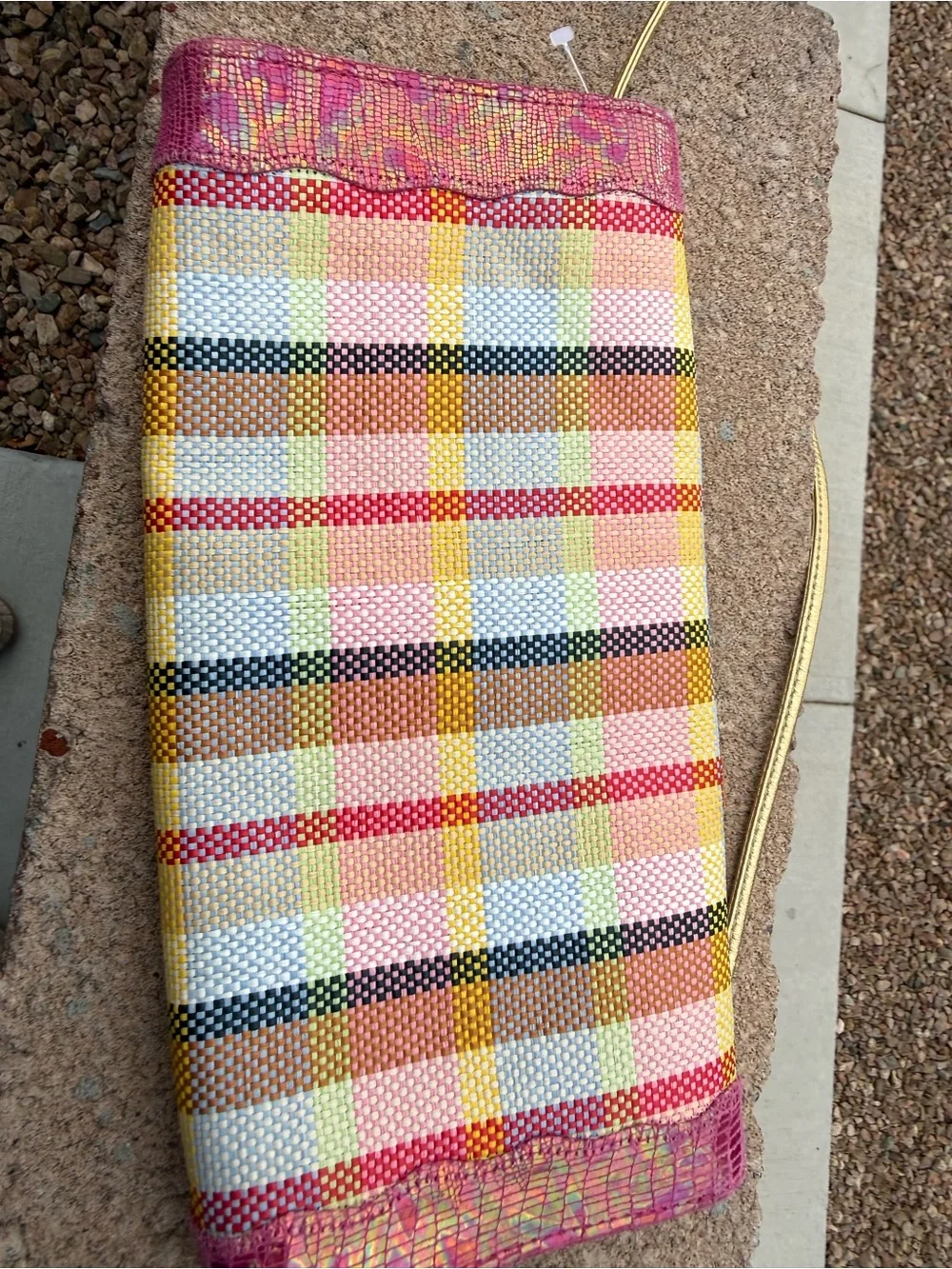 Chi Falchi Woven Plaid Purse w/ Floral Metallic Appliqué NEW